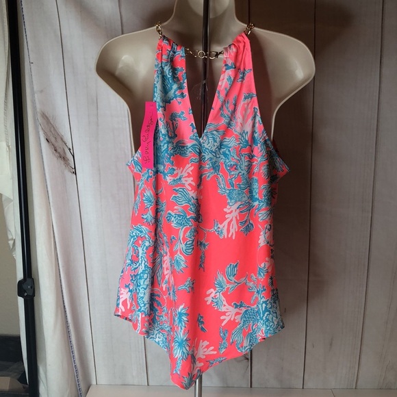 NWT Lilly Pulitzer Cabana Halter Top Shelly Bay Coral Spritz Gold Chain Small - Picture 13 of 14